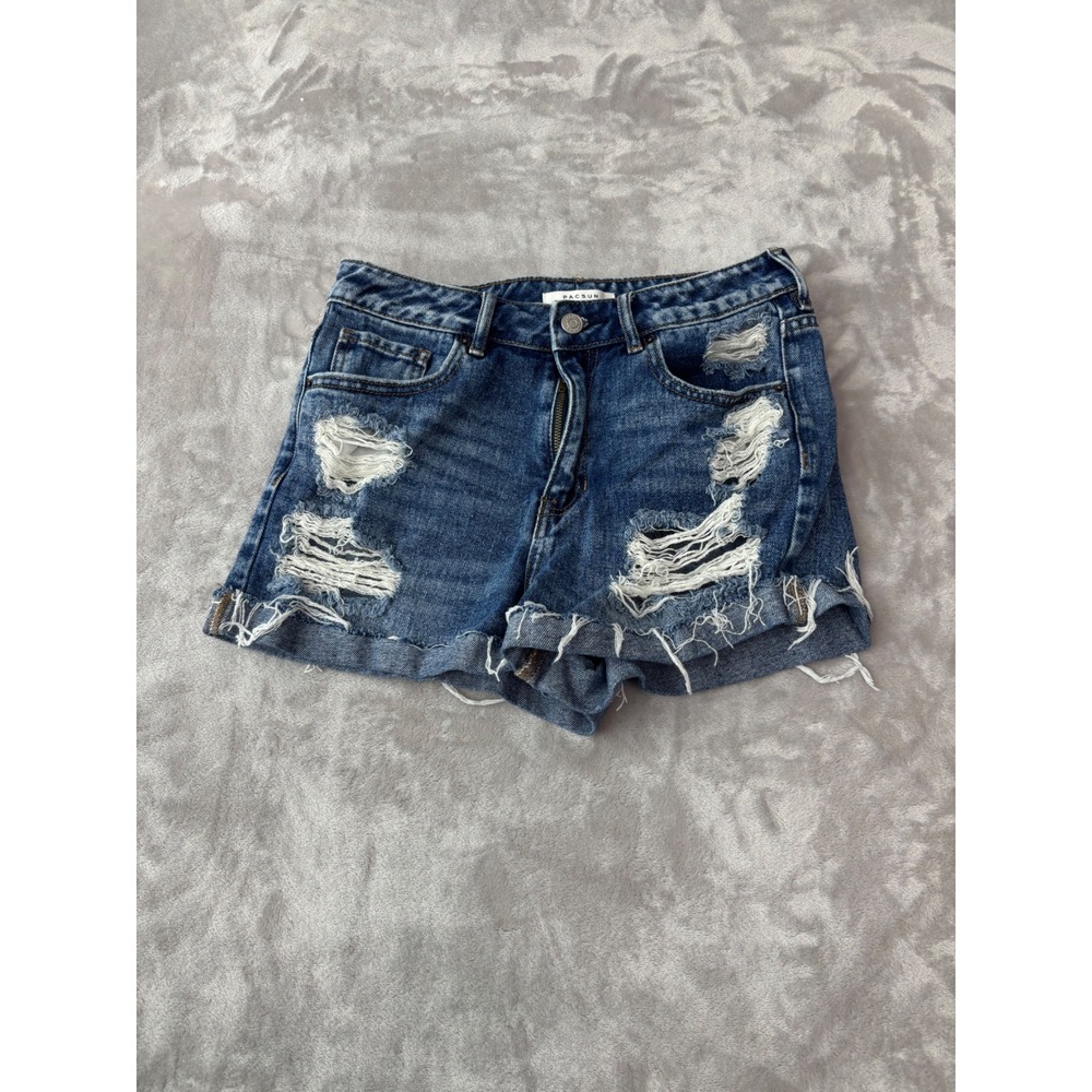 PacSun Distressed High Rise Denim Shorts Medium Wash Blue Frayed Hem 28W